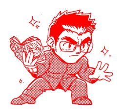 Rule 34 | 1boy, book, deformed, frown, glasses, grimoire, huge eyebrows, legs apart, looking at viewer, male focus, medium sideburns, motoori shiro, red theme, rimless eyewear, short hair, sideburns, sparkle background, thick eyebrows, tokyo houkago summoners, tyou, upper body