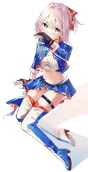 Rule 34 | 1girl, akigumo (kancolle), akigumo (kancolle) (cosplay), bandeau, black gloves, blue eyes, blue footwear, blue jacket, blue skirt, boots, cosplay, cropped jacket, gloves, highres, jacket, kantai collection, miniskirt, multicolored footwear, partially fingerless gloves, pink hair, pleated skirt, ponytail, race queen, shiranui (kancolle), short ponytail, shorts, shorts under skirt, skirt, solo, thigh boots, thigh strap, u yuz xx, white bandeau, white footwear, white shorts