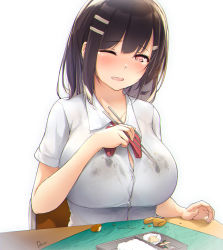 Rule 34 | 1girl, bento, black hair, bra visible through clothes, bralines, breasts, brown hair, bursting breasts, chair, chopsticks, collarbone, commentary request, dermar, desk, food, food on clothes, hair ornament, highres, holding, holding chopsticks, large breasts, looking at viewer, medium hair, omelet, one eye closed, open mouth, original, rice, school chair, school desk, school uniform, see-through, shirt, short sleeves, signature, simple background, sitting, solo, uniform, wet, wet clothes, wet shirt, white background, white shirt