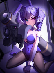 Rule 34 | 1girl, arm ribbon, bare shoulders, between legs, black pantyhose, bow, bowtie, braid, breasts, ceo of disgrace, cleavage, commentary, detached collar, english commentary, fang, fgm-148 javelin, grin, hair ornament, hairclip, hand between legs, head wings, heterochromia, highres, kneeling, large breasts, leotard, nijisanji, nijisanji en, pantyhose, playboy bunny, purple bow, purple bowtie, purple hair, purple leotard, purple ribbon, ribbon, selen tatsuki, shoes, skin fang, skindentation, slit pupils, smile, solo, twin braids, twitter username, virtual youtuber, wings, wrist cuffs