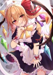 Rule 34 | 1girl, absurdres, alternate costume, animal ears, apron, black corset, black shirt, black skirt, bow, bowtie, cat ears, cat girl, commentary request, corset, cowboy shot, crystal, enmaided, finger to mouth, flandre scarlet, frilled apron, frilled skirt, frills, hair ribbon, hand up, highres, long hair, looking at viewer, maid, maid headdress, open mouth, puffy short sleeves, puffy sleeves, red eyes, red ribbon, ribbon, sakuhara kaka, shirt, short sleeves, skirt, smile, solo, touhou, white apron, window, wings, wrist cuffs, yellow bow, yellow bowtie