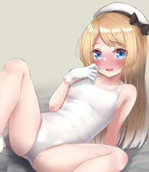 Rule 34 | 1girl, alternate costume, bare arms, bare legs, bare shoulders, blonde hair, blue eyes, blush, breasts, collarbone, commentary request, gloves, hat, hat ribbon, jervis (kancolle), kantai collection, long hair, looking at viewer, one-piece swimsuit, open mouth, ribbon, sailor hat, sasakura (calicchio), sitting, small breasts, smile, solo, spread legs, swimsuit, white gloves, white hat, white one-piece swimsuit