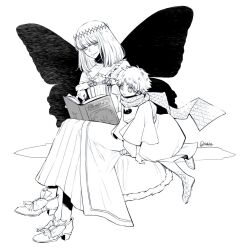 Rule 34 | 2boys, :o, bob cut, book, butterfly wings, fate/grand order, fate (series), holding, holding book, insect wings, long hair, looking at object, monochrome, multiple boys, naka9a, oberon (fate), open book, open mouth, reading, scarf, sitting, smile, twitter username, voyager (fate), voyager (first ascension) (fate), wings