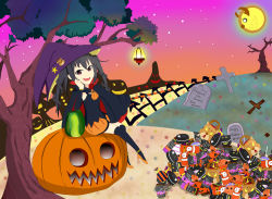 Rule 34 | 1girl, absurdres, black hair, borrowed character, halloween, hat, highres, jack-o&#039;-lantern, long hair, looking at viewer, note-chan, ootengu, open mouth, original, reindeer, smile, solo, star (symbol), tombstone, witch hat
