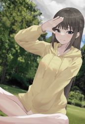 Rule 34 | 1girl, absurdres, between legs, blue eyes, blush, breasts, brown hair, closed mouth, cloud, cloudy sky, commentary request, dappled sunlight, day, fang, grass, half updo, hand between legs, hand up, highres, hood, hoodie, hwanhee, indian style, long hair, looking at viewer, medium breasts, naked hoodie, original, outdoors, park, salute, sitting, sky, solo, sunlight, tree, yellow hoodie