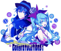 Rule 34 | 1boy, 1girl, aqua eyes, aqua hair, ball, bare shoulders, beachball, blue eyes, blue hair, blue nails, blue scarf, bow, coat, commentary, congratulations, crossed arms, detached sleeves, disco ball, dress, fedora, hair bow, hat, hatsune miku, highres, index finger raised, japanese clothes, jewelry, kaito (vocaloid), kimono, long hair, looking at viewer, manbou no ane, nail polish, ooedo julia night (vocaloid), open mouth, ring, scarf, smile, spiral, strapless, strapless dress, twintails, upper body, very long hair, vocaloid, wheel, white background, white coat, yukata