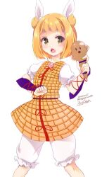 Rule 34 | 1girl, armor, armored dress, blonde hair, commentary request, dated, double bun, dress, enjoy mix, hair bun, hair ribbon, haniwa (statue), holding, joutouguu mayumi, looking at viewer, one-hour drawing challenge, open mouth, ribbon, short hair, signature, simple background, solo, touhou, twitter username, vambraces, white background, white ribbon, yellow dress, yellow eyes