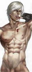 Rule 34 | 1boy, abs, black gloves, blood, capcom, dante (devil may cry), devil may cry (series), drawfag, fingerless gloves, gloves, male focus, muscular, nipples, nude, penis, rae, realistic, simple background, solo, standing, transparent background, white background, white hair