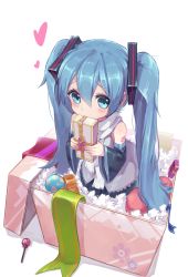 Rule 34 | 1girl, aqua eyes, aqua hair, bare shoulders, black skirt, black sleeves, blush, box, candy, covering own mouth, detached sleeves, food, from above, furrowed brow, gift, gift box, grey shirt, hair ornament, hatsune miku, heart, holding, holding gift, lollipop, long hair, looking at viewer, nejikyuu, ribbon, scarf, shirt, shoulder tattoo, skirt, sleeveless, sleeveless shirt, solo, standing, stuffing, tattoo, twintails, valentine, very long hair, vocaloid, white background, white scarf