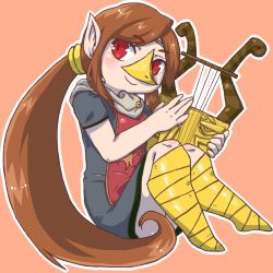 Rule 34 | 1girl, blush, brown hair, chizi, closed mouth, dress, female focus, flat chest, grey dress, hair tie, hands up, happy, harp, holding, instrument, knees up, light blush, long hair, looking to the side, medli, music, nintendo, orange background, outline, playing instrument, pointy ears, ponytail, red eyes, rito, short sleeves, simple background, sitting, smile, solo, tabard, the legend of zelda, the legend of zelda: the wind waker, white outline