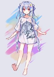 Rule 34 | 1girl, animal print, barefoot, blue hair, blue ribbon, blush stickers, collarbone, double bun, ebihara beniko, full body, grey background, grey shirt, hair between eyes, hair bun, hair intakes, hair ornament, hair ribbon, hairclip, highres, long hair, looking at viewer, octopus print, original, parted lips, print shirt, ribbon, shirt, short sleeves, side bun, sidelocks, sketch, soles, solo, standing, standing on one leg, teeth, twintails, upper teeth only, very long hair, x hair ornament