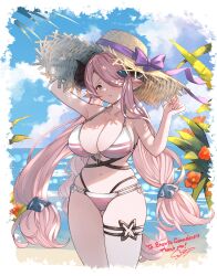 Rule 34 | 1girl, absurdres, ayacho, beach, bikini, blue eyes, blue sky, breasts, cloud, day, draph, flower, granblue fantasy, hair over one eye, hat, highres, horns, large breasts, long hair, looking at viewer, low twintails, narmaya (granblue fantasy), narmaya (summer) (granblue fantasy), ocean, open mouth, outdoors, pink hair, pointy ears, skindentation, sky, solo, straw hat, summer, sun hat, swimsuit, thick thighs, thigh strap, thighs, twintails