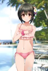 Rule 34 | ahoge, arm behind back, bikini, black hair, blurry, blurry background, brown eyes, collarbone, commentary request, day, flower, frilled bikini, frilled swimsuit, frills, gluteal fold, hair between eyes, hair flower, hair ornament, hand on own chest, highres, idolmaster, idolmaster cinderella girls, kohinata miho, light blush, looking at viewer, navel, outdoors, paopao, pink bikini, short hair, sidelocks, smile, solo, stomach, swimsuit, thighs, twitter username