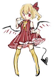 Rule 34 | 1girl, blonde hair, blush, crystal, dress, flandre scarlet, full body, hair between eyes, hair ribbon, hand up, laevatein (tail), looking at viewer, neck ribbon, no headwear, no shoes, one side up, open mouth, paragasu (parags112), red dress, red eyes, red ribbon, ribbon, shirt, short hair, simple background, sketch, skirt hold, sleeveless, sleeveless shirt, solo, standing, striped clothes, striped dress, striped thighhighs, tail, thighhighs, touhou, vertical-striped clothes, vertical-striped dress, vertical-striped thighhighs, white background, wings, yellow ribbon, yellow thighhighs
