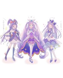 Rule 34 | !?, 3girls, ;d, aqua eyes, blunt bangs, boots, closed eyes, color connection, crossover, cure magical, cure majesty, cure selene, dress, earrings, elbow gloves, ellee-chan, eyelashes, gloves, hairstyle connection, happy, highres, hirogaru sky! precure, in-franchise crossover, izayoi liko, jewelry, kaguya madoka, lilylily0601, long hair, looking at another, magical girl, mahou girls precure!, multiple girls, one eye closed, open mouth, precure, puffy short sleeves, puffy sleeves, purple dress, purple eyes, purple gloves, purple hair, purple theme, short sleeves, simple background, smile, standing, star twinkle precure, thighhighs, thighs, white background, white gloves, white thighhighs