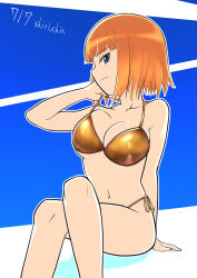 Rule 34 | 1girl, bikini, blue eyes, blush, brave witches, breasts, cleavage, closed mouth, gold bikini, gundula rall, highres, large breasts, looking at viewer, navel, orange hair, shiri chin, short hair, side-tie bikini bottom, smile, solo, swimsuit, world witches series