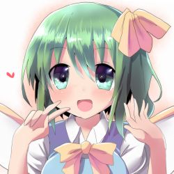 Rule 34 | 1girl, blue dress, blush, bow, breasts, daiyousei, dress, fairy, fairy wings, green eyes, green hair, hair ribbon, heart, highres, kuromu (underporno), large breasts, matching hair/eyes, open mouth, ribbon, shirt, short sleeves, side ponytail, smile, solo, touhou, upper body, v, wings