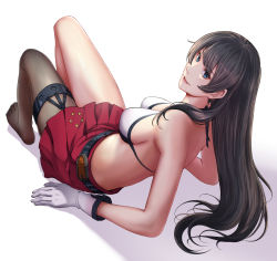 Rule 34 | 1girl, agano (kancolle), asymmetrical legwear, bare shoulders, bikini, black hair, blush, breasts, edwin (cyberdark impacts), gloves, green eyes, highres, kantai collection, large breasts, long hair, looking at viewer, open mouth, pantyhose, pleated skirt, reclining, red skirt, single leg pantyhose, single thighhigh, skirt, smile, solo, swimsuit, thigh strap, thighhighs, uneven legwear, white bikini, white gloves