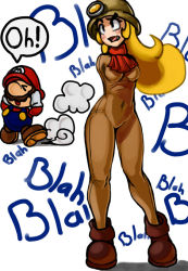 Rule 34 | 1boy, 1girl, ankle boots, ascot, blonde hair, bodysuit, boots, covering own ears, elazuls-core, eyebrows, fang, goombella, helmet, long hair, mario, mario (series), nintendo, no arms, paper mario, paper mario: the thousand year door, personification, pith helmet, simple background, standing, super mario rpg, thick eyebrows