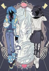 Rule 34 | 2boys, absurdres, belt, black hair, blue hair, blue pants, boots, brain, commentary, crossdressing, dramatical murder, english commentary, face-to-face, faceless, faceless male, full body, gloves, halo, hand on another&#039;s face, headphones, headphones around neck, highres, jacket, long hair, long sleeves, looking at another, male focus, melting, meremero, mirror, multiple boys, multiple views, pants, pleated skirt, sei (dramatical murder), seragaki aoba, shirt, skeletal arm, skirt, standing, white shirt
