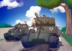 Rule 34 | 10s, alisa (girls und panzer), ass, blonde hair, blush, bomber jacket, boots, breasts, brown eyes, brown hair, blowing bubbles, character request, day, denim, denim shorts, emblem, freckles, girls und panzer, grass, helmet, helmet-chan (girls und panzer), highres, jacket, kay (girls und panzer), knee boots, large breasts, long hair, m4 sherman, midriff, military, military vehicle, motor vehicle, mujin teisatsuki, naomi (girls und panzer), one eye closed, short hair, short twintails, shorts, sketch, smile, soda bottle, tank, tank helmet, tank top, thighhighs, thighs, twintails, v, white legwear
