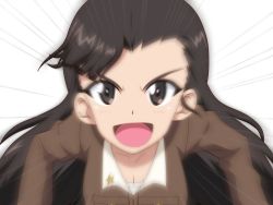 Rule 34 | 1girl, :d, asymmetrical bangs, black eyes, black hair, brown jacket, chi-hatan military uniform, commentary, emphasis lines, girls und panzer, gogopaint, highres, jacket, leaning forward, long hair, long sleeves, looking at viewer, military, military uniform, nishi kinuyo, open mouth, smile, solo, star (symbol), straight hair, uniform, upper body, v-shaped eyebrows