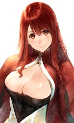 Rule 34 | 10s, 1girl, blush, breasts, cleavage, large breasts, long hair, looking at viewer, makimura shunsuke, maou (maoyuu), maoyuu maou yuusha, red eyes, red hair, simple background, smile, solo, white background