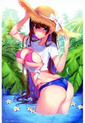 Rule 34 | 1girl, absurdres, ass, bikini, bikini under clothes, blue eyes, breasts, brown hair, cleavage, front-tie bikini top, front-tie top, hat, highres, huge filesize, large breasts, long hair, looking at viewer, looking back, mataro (matarou), original, pink bikini, plant, short shorts, shorts, side-tie bikini bottom, smile, solo, standing, straw hat, swimsuit, swimsuit under clothes, wading