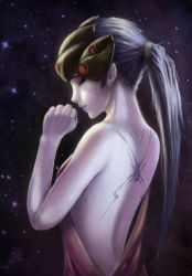 Rule 34 | 1girl, absurdres, back, back tattoo, colored skin, dress, earbuds, earphones, eyelashes, closed eyes, from behind, hair ornament, hair tie, hand up, head-mounted display, helmet, highres, image sample, long hair, overwatch, overwatch 1, pale skin, parted lips, ponytail, profile, purple lips, purple skin, solo, spider tattoo, tattoo, visor, widowmaker (overwatch)