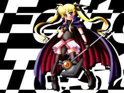 Rule 34 | 00s, 1girl, ahoge, ankle boots, arm belt, armband, bardiche (device form) (nanoha), bardiche (nanoha), belt, belt bra, belt skirt, black gloves, black thighhighs, blonde hair, blush, boots, bow, breasts, buckle, cape, character name, cross-laced footwear, fate testarossa, fate testarossa (original form), floating hair, full body, gloves, grin, hair bow, hair ribbon, hand on own chest, holding, holding weapon, leotard, long hair, lyrical nanoha, magical girl, mahou shoujo lyrical nanoha, miniskirt, parted bangs, pelvic curtain, pleated skirt, red eyes, ribbon, scythe, shadow, showgirl skirt, sidelocks, skirt, small breasts, smile, solo, standing, thigh strap, thighhighs, turtleneck, twintails, very long hair, weapon, zettai ryouiki