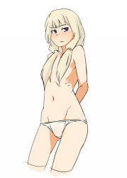 Rule 34 | 1girl, blonde hair, blush, breasts, carla j. luksic, collarbone, cropped legs, groin, hair censor, hair over breasts, long hair, looking away, navel, nude, panties, purple eyes, ribs, simple background, small breasts, solo, strike witches, twintails, underwear, uno ichi, white background, white panties, world witches series