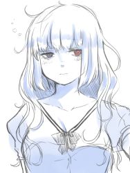 Rule 34 | 10s, 1girl, bad id, bad pixiv id, blue eyes, bow, breasts, cleavage, collarbone, ecruteak, hair down, heterochromia, looking away, pajamas, red eyes, simple background, solo, spot color, tokyo ghoul, tokyo ghoul:re, upper body, white background, yonebayashi saiko