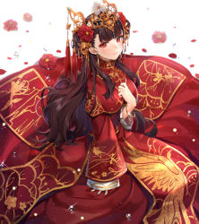 Rule 34 | 1girl, alternate costume, azur lane, bracelet, breasts, brown hair, china dress, chinese clothes, circle skirt, douya (233), dress, earrings, flower, hair flower, hair ornament, hand on own chest, jewelry, lips, long dress, long hair, long sleeves, looking at viewer, medium breasts, pelvic curtain, red dress, red eyes, simple background, smile, solo, tassel, white background, yat sen (azur lane), yat sen (coronal afterglow) (azur lane)