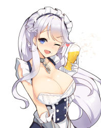Rule 34 | 1girl, ;d, alcohol, azur lane, bad id, bad pixiv id, bare shoulders, beer, belfast (azur lane), blue dress, blue eyes, blush, braid, breasts, broken, broken chain, chain, cleavage, collarbone, commentary request, cup, dress, drinking glass, elbow gloves, foam, gloves, holding, holding cup, holding drinking glass, large breasts, long hair, looking at viewer, nose blush, one eye closed, open mouth, silver hair, sleeveless, sleeveless dress, smile, solo, tp (kido 94), very long hair, white gloves