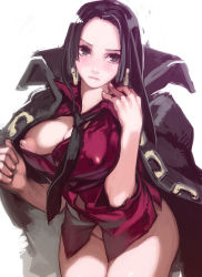 Rule 34 | 1girl, aoin, black eyes, black hair, blush, boa hancock, bottomless, breasts, coat, earrings, covered erect nipples, jewelry, large breasts, long hair, necktie, nipple slip, nipples, one piece, puffy nipples, solo