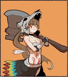 Rule 34 | 1girl, animal skull, axe, black choker, black gloves, border, breasts, brown hair, choker, cleavage, closed mouth, cowboy shot, fingerless gloves, gloves, gogalking, highres, holding, holding weapon, long hair, looking at viewer, navel, orange background, original, over shoulder, ponytail, sarashi, simple background, skull on head, solo, standing, stomach tattoo, tattoo, very long hair, weapon, weapon over shoulder, white border, wide-eyed, yellow eyes