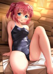 Rule 34 | 1girl, bare arms, bare legs, bare shoulders, barefoot, black one-piece swimsuit, blue eyes, blush, breasts, cedar (cedar japonica), commentary request, commission, expressionless, indoors, knee up, kurosawa ruby, looking at viewer, love live!, love live! sunshine!!, one-piece swimsuit, paid reward available, parted lips, pink hair, sauna, school swimsuit, short hair, sitting, skeb commission, small breasts, solo, sweat, swimsuit, tareme, thighs, two side up, very sweaty