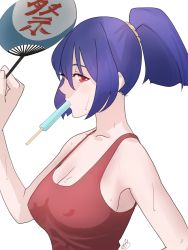 Rule 34 | 1girl, alternate hairstyle, amino (tn7135), bad id, bad pixiv id, blue hair, breasts, cleavage, female focus, food, hand fan, large breasts, looking at viewer, mouth hold, ponytail, popsicle, red eyes, rope, shirt, simple background, sleeveless, solo, sweat, tank top, touhou, upper body, white background, yasaka kanako