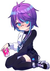 Rule 34 | 1girl, ahoge, bandaid, bandaid on face, bandaid on nose, black footwear, blue eyes, breasts, can, colored inner hair, cross (vgne4542), drunk, hair ornament, highres, holding, holding can, looking at viewer, medium breasts, melody (projektmelody), melody (projektmelody) (4th costume), multicolored hair, purple hair, purple thighhighs, shoes, short hair, smile, sneakers, solo, streaked hair, thighhighs, virtual youtuber, vshojo, x hair ornament