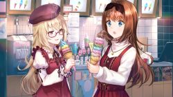 Rule 34 | 2girls, :o, beret, blonde hair, blue eyes, bow, breasts, brown hair, collar, computer, dress, food, frilled collar, frilled sleeves, frills, glasses, hair bow, hand up, hat, holding, ice cream, ice cream cone, indoors, jewelry, kogado, long hair, looking at another, mugendou saki, multiple girls, necklace, open mouth, otori ai, phone, puffy sleeves, red-framed eyewear, red eyes, semi-rimless eyewear, small breasts, smile, standing, turtleneck, upper body, yumeututu re： master