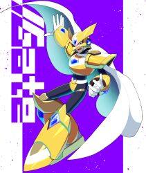 Rule 34 | 1boy, android, arm up, armor, black bodysuit, bodysuit, cape, character name, chest jewel, commentary, forehead jewel, full armor, gate (mega man), gold armor, helmet, looking at viewer, male focus, mega man (series), mega man x6, mega man x (series), shoulder armor, solo, sznami129, white cape