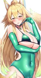Rule 34 | 1girl, absurdres, animal ears, arm under breasts, bare shoulders, bikini, bikini top only, blonde hair, blush, borrowed character, breasts, choker, cleavage, commentary request, commission, covered navel, elbow gloves, fox ears, fox girl, gloves, green leotard, hair between eyes, hand fan, highleg, highleg leotard, highres, holding, holding fan, large breasts, leotard, long hair, looking at viewer, mitty7, original, sidelocks, simple background, skeb commission, solo, strapless, strapless leotard, suirin (tukikagerou), swimsuit, tongue, tongue out, white background