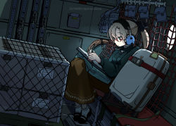 Rule 34 | 1girl, airplane interior, akigumo (kancolle), black footwear, black ribbon, book, box, brown hair, commentary request, dated, dutch angle, ear protection, goggles, green eyes, green sweater, indoors, kantai collection, long hair, long skirt, luggage, mary janes, orange skirt, pen, ponytail, ribbon, rolling suitcase, seatbelt, shikishima fugen, shoes, skirt, socks, solo, strap, suitcase, sweater, twitter username, white socks