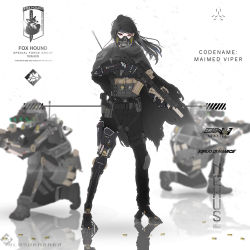 Rule 34 | 1girl, 2boys, ammunition pouch, android, assault rifle, asukabaka2, black hair, blurry, blurry background, cape, cyberpunk, gun, hair between eyes, hat, holding, holding gun, holding weapon, holstered, kneeling, long hair, looking at viewer, m4 carbine, mask, mecha, metal gear (series), metal gear solid, military, military hat, military uniform, multiple boys, night vision, on one knee, original, ponytail, pouch, purple eyes, rifle, robot, standing, torn cape, torn clothes, uniform, weapon