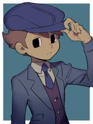 Rule 34 | 1boy, a (poipiku 325815), black eyes, black vest, blue background, blue jacket, blue necktie, brown hair, cabbie hat, closed mouth, collared shirt, commentary request, frown, future luke, hand on headwear, hand up, hat, jacket, long sleeves, male focus, necktie, professor layton, shirt, short hair, simple background, solo, upper body, vest, white shirt