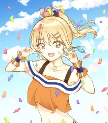 Rule 34 | 1girl, artist name, artist request, back bow, bare shoulders, blonde hair, blue sky, blue stripes, blue wristband, blush, bow, braid, breasts, brown eyes, cheerleader, cloud, collarbone, crop top, day, double v, female focus, floating hair, french braid, hair between eyes, hair ornament, hair ribbon, hair tie, hairclip, heart, heart necklace, high ponytail, highres, jewelry, long hair, looking at viewer, love live!, love live! nijigasaki high school idol club, love live! school idol festival, miyashita ai, nail, nail polish, necklace, off shoulder, orange eyes, orange nails, orange shirt, outdoors, parted lips, pom pom (cheerleading), ponytail, ribbon, saiko heart (love live!), scrunchie, shirt, short ponytail, side ponytail, single braid, single stripe, sky, small breasts, smile, solo, tank top, upper body, v, wrist cuffs, wrist scrunchie, wristband, yellow eyes