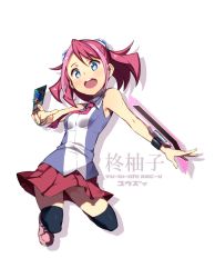 Rule 34 | 1girl, :d, blue eyes, card, duel disk, hiiragi yuzu, multicolored hair, necktie, open mouth, pink eyes, school uniform, short twintails, simple background, sleeveless, smile, solo, thighhighs, twintails, two-tone hair, yu-gi-oh!, yu-gi-oh! arc-v, yuuzii, zettai ryouiki