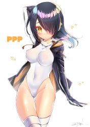 Rule 34 | 10s, 1girl, absurdres, arm up, artist name, bad id, bad pixiv id, black hair, blush, breasts, cleavage, closed mouth, covered erect nipples, covered navel, cowboy shot, emperor penguin (kemono friends), gluteal fold, group name, hair over one eye, headphones, heart, highres, hip focus, hood, hoodie, kemono friends, large breasts, leotard, long hair, looking at viewer, open clothes, open hoodie, see-through, signature, simple background, solo, strapless, strapless leotard, thighhighs, thighs, turtleneck, twitter username, white background, white leotard, white thighhighs, yellow eyes, yuu zaki