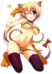 Rule 34 | 1girl, ;p, absurdres, animal ears, animal hands, animal print, bare shoulders, bikini, bikini pull, blush, breasts, cat ears, cat tail, choker, clothes pull, covered erect nipples, fang, front-tie bikini top, front-tie top, full body, gloves, highres, kneeling, long hair, medium breasts, navel, one eye closed, original, panties, panty pull, paw gloves, paw shoes, ponytail, shoes, simple background, skindentation, solo, star (symbol), swimsuit, tail, thighhighs, tiger print, tiger tail, tomose shunsaku, tongue, tongue out, toranoana, underboob, underwear, v, very long hair, white background, wink, yellow bikini