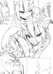 Rule 34 | 1girl, bai linqin, blush, breasts, fate/grand order, fate (series), horns, looking at viewer, monochrome, oni, open mouth, penis, pointy ears, short hair, shuten douji (fate), simple background, small breasts, speech bubble, uncensored